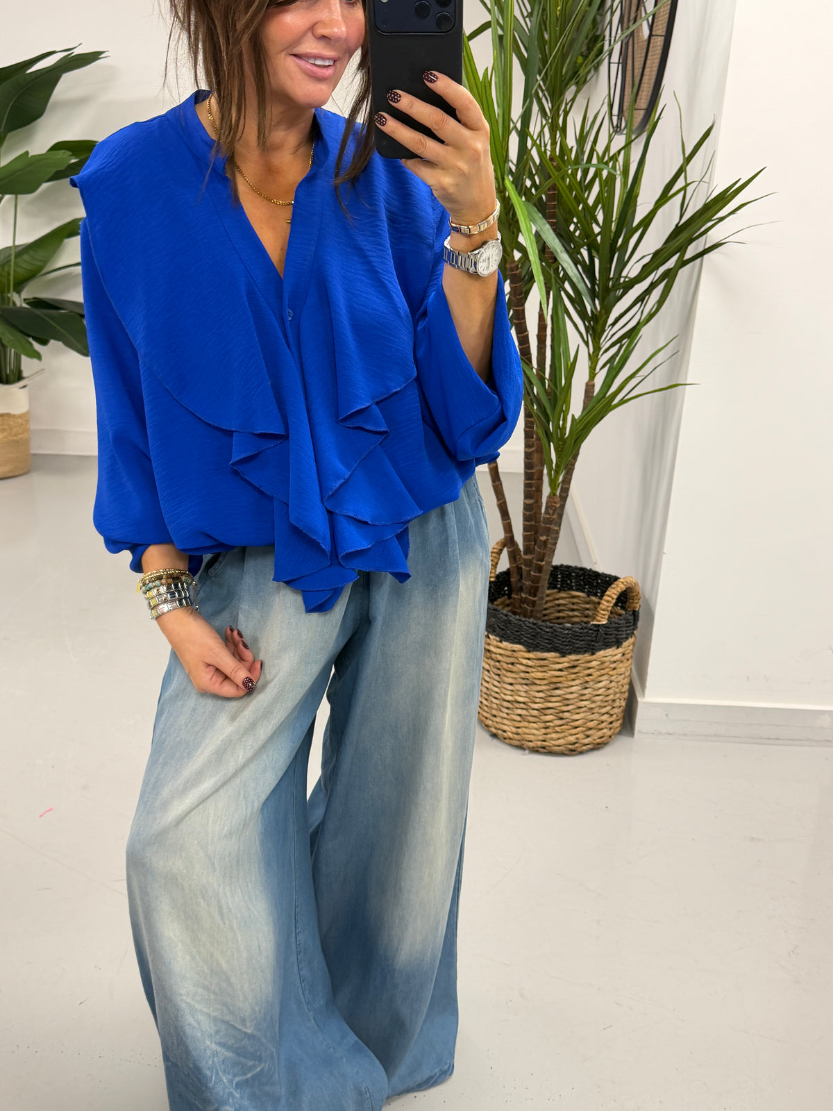 Luna Button Frill Blouse - Royal Blue