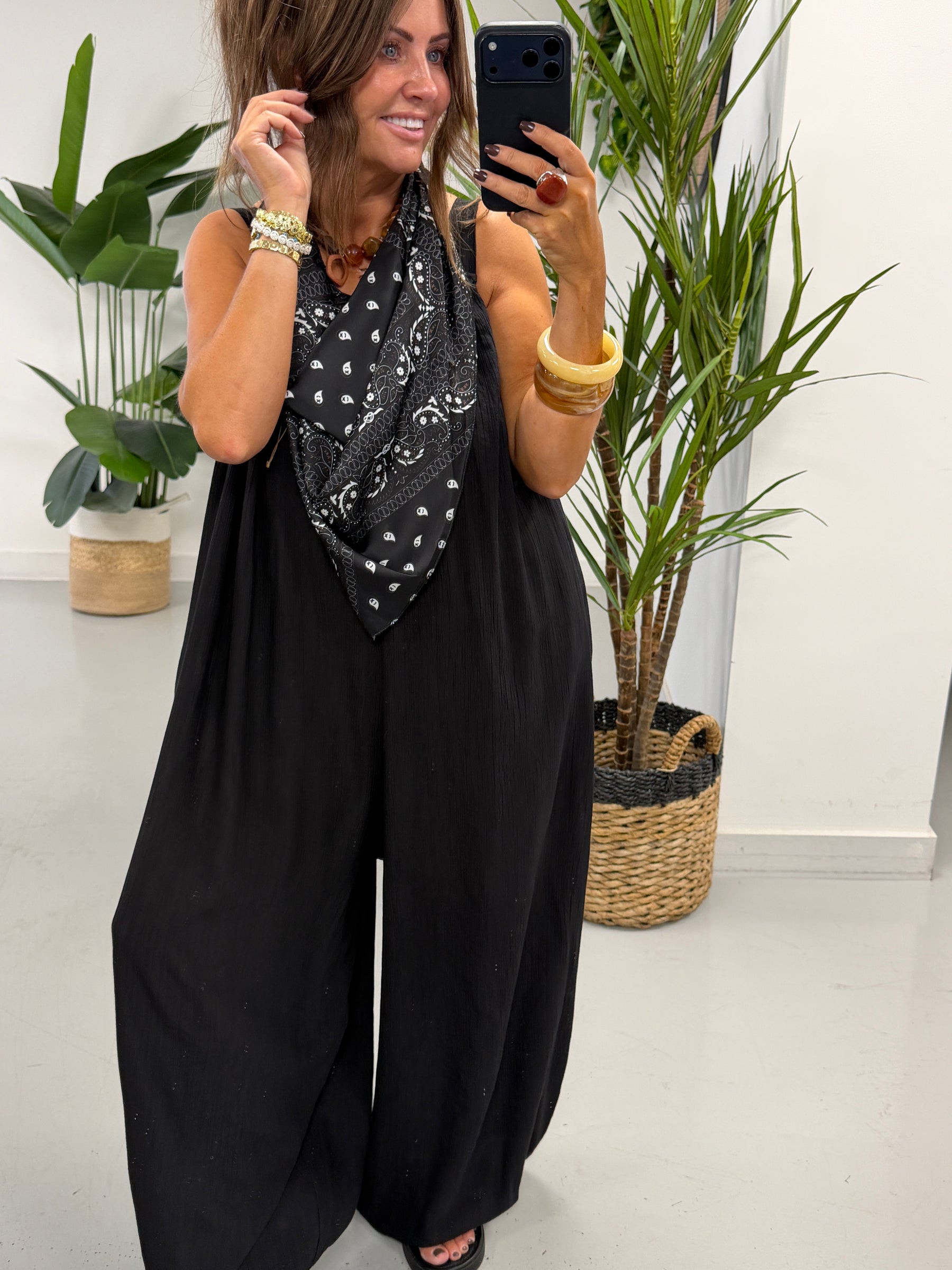 Bandana Scarf Crinkle Jumpsuit - Black