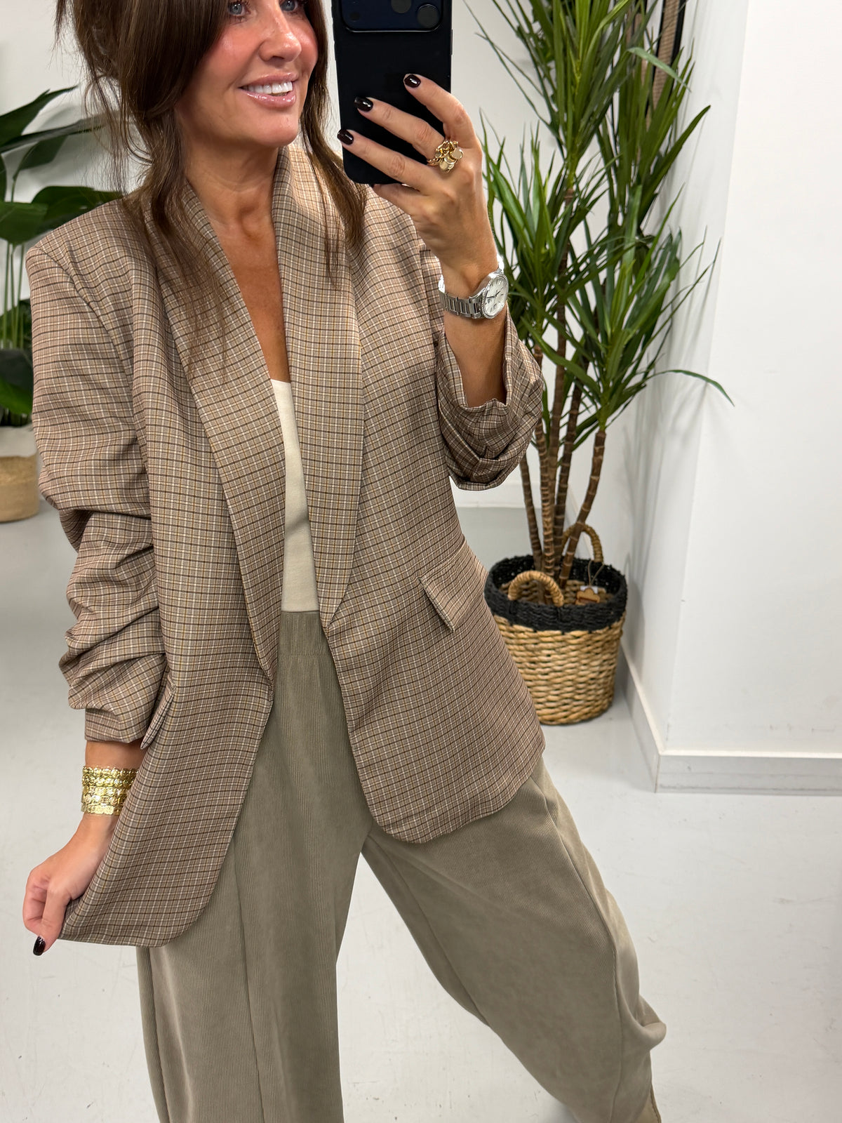 Ruched Sleeve Plaid Blazer - Taupe  (Std sizes)