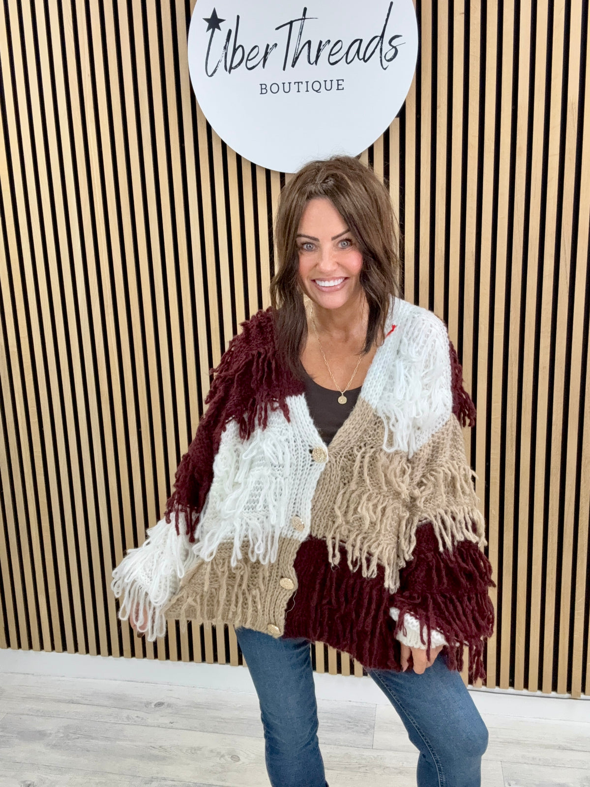 The Shaggy Cardigan - Mulberry/Camel/White