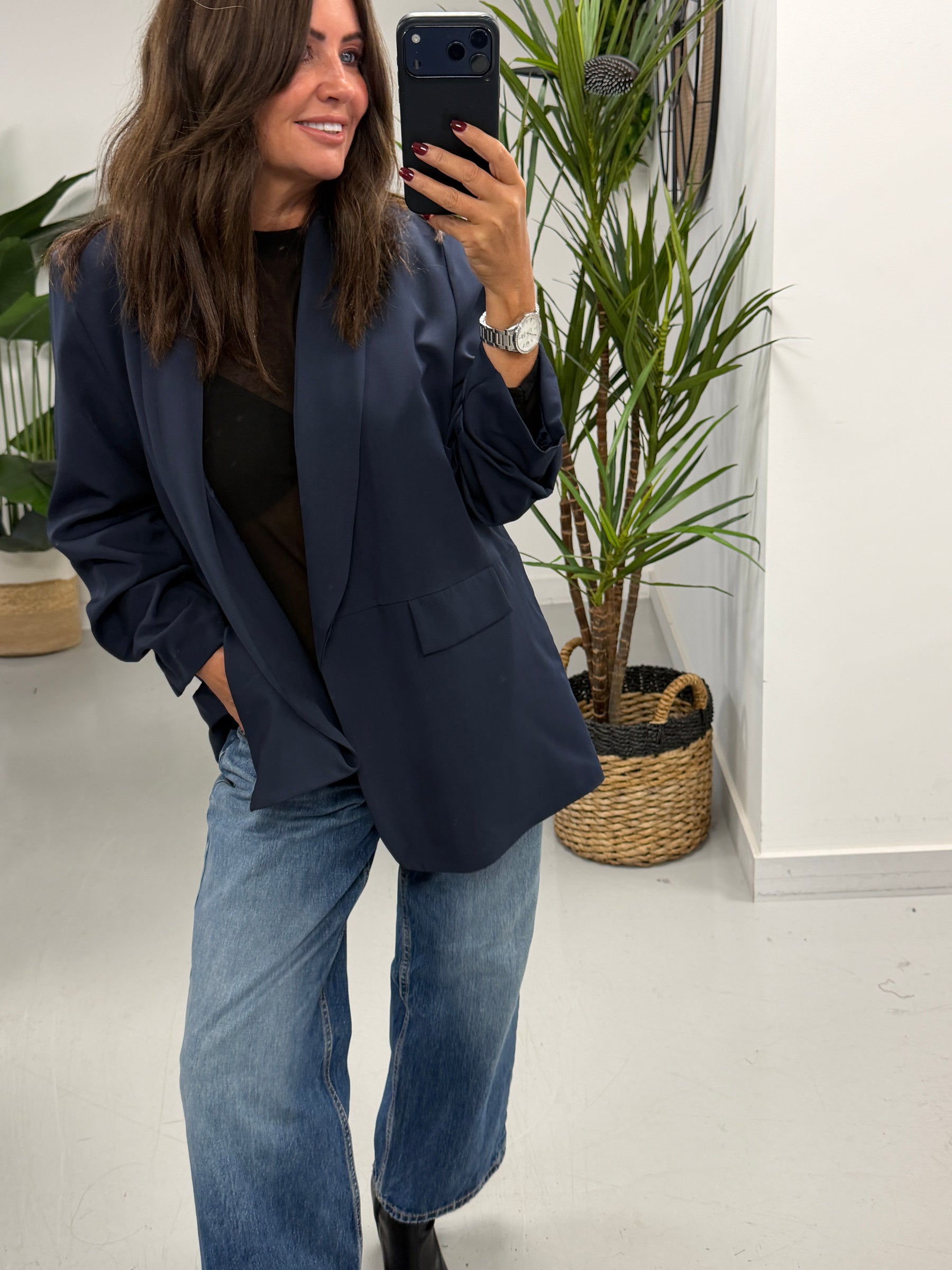 Ruched Sleeve Blazer - Navy (Plus sizes)