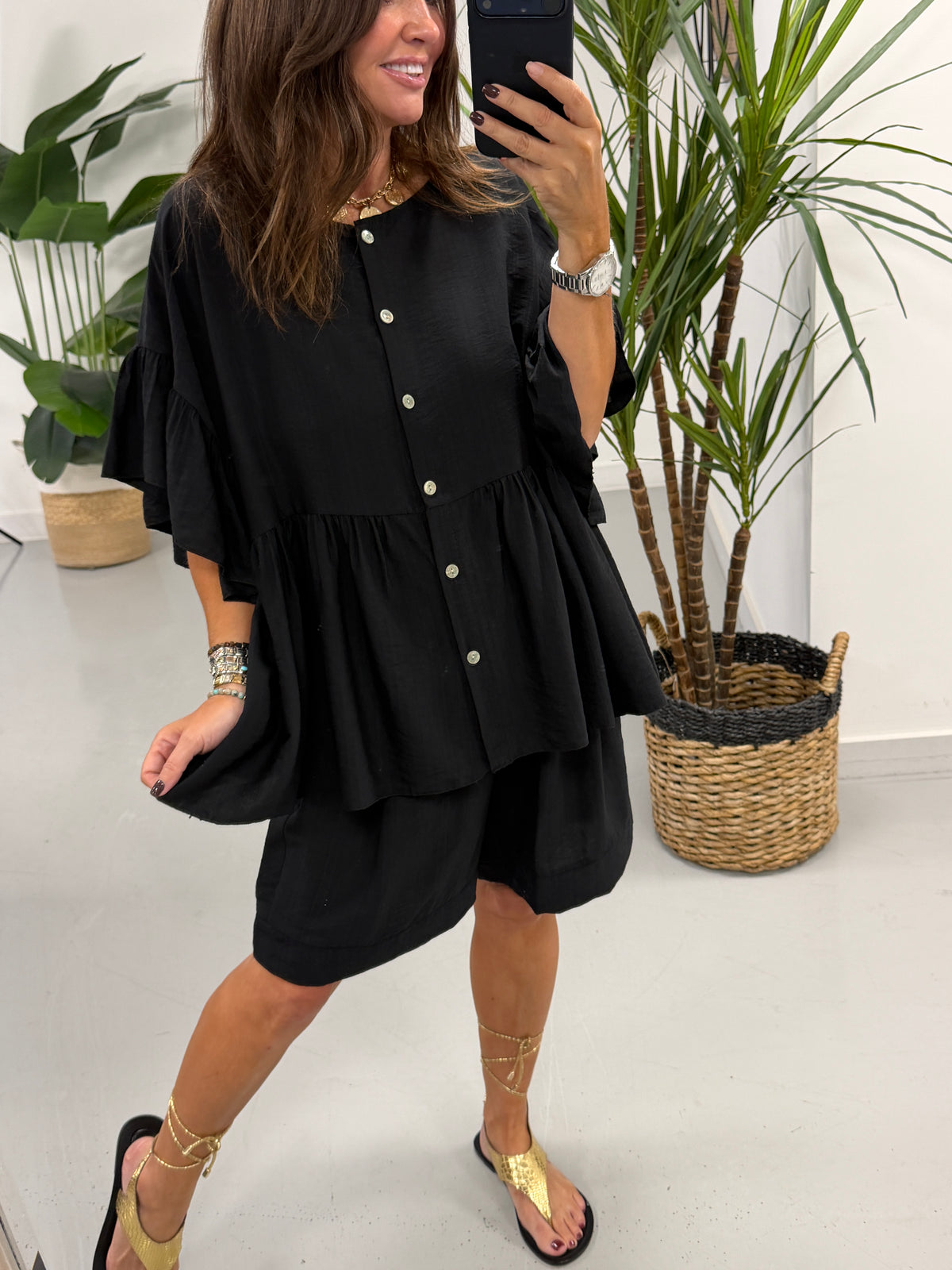 Peplum Button Short Set - Black