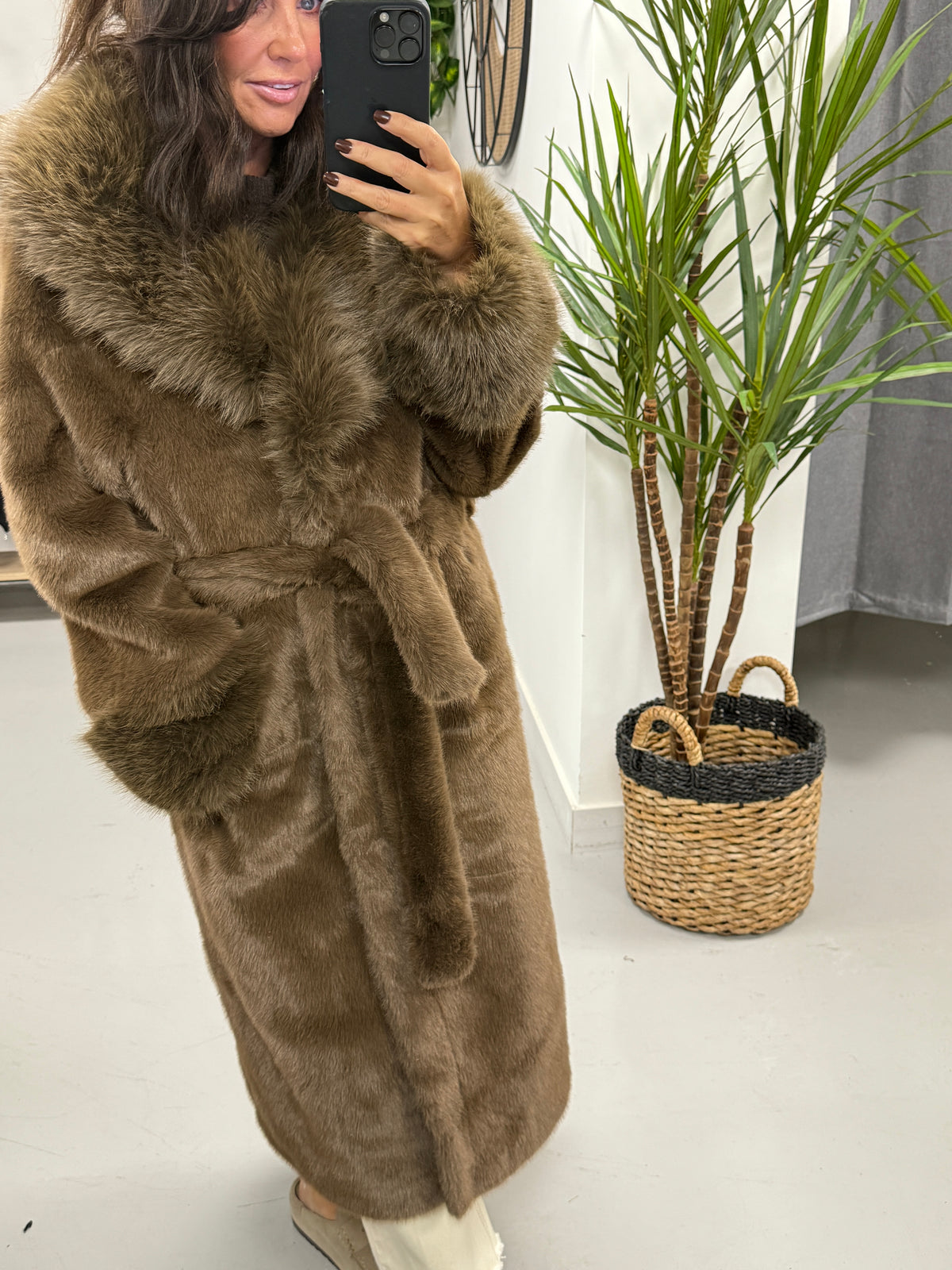 The Luxe Belted Faux Fur Wrap Coat - Chocolate