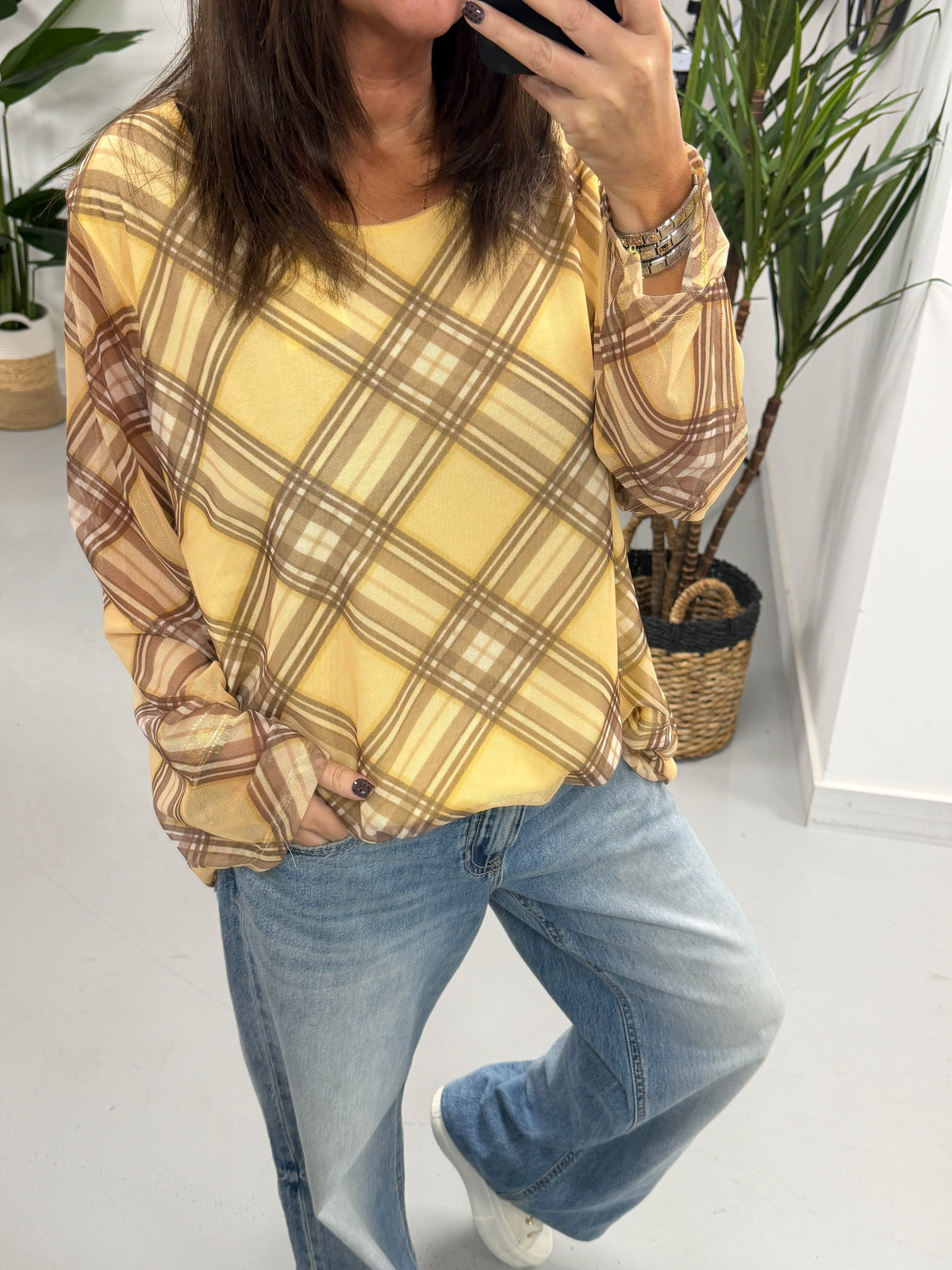 Layered Tartan Mesh Top - Lemon