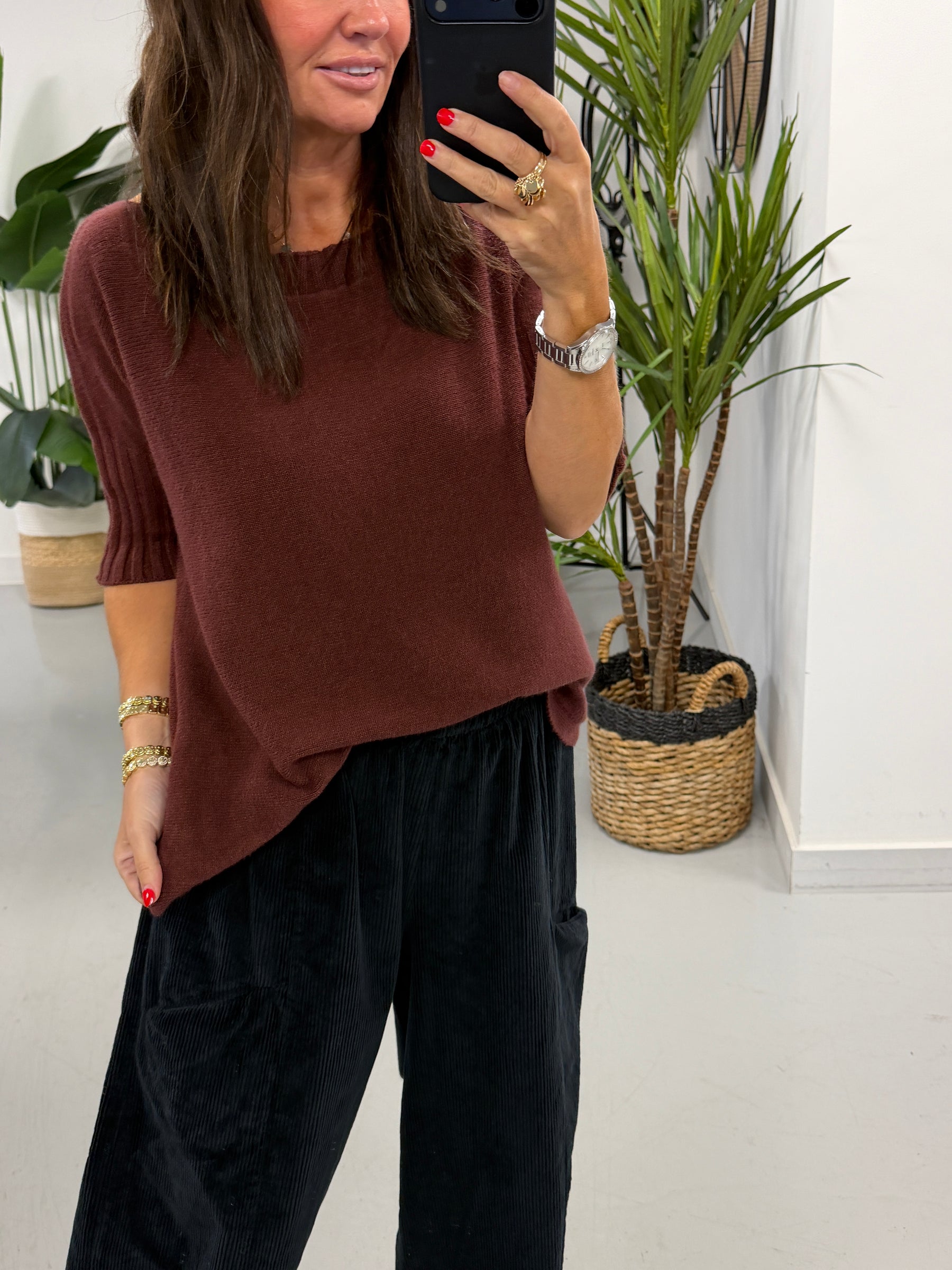 Crop Sleeve Boat Neck Knit - Aubergine (Size 10 - 16)