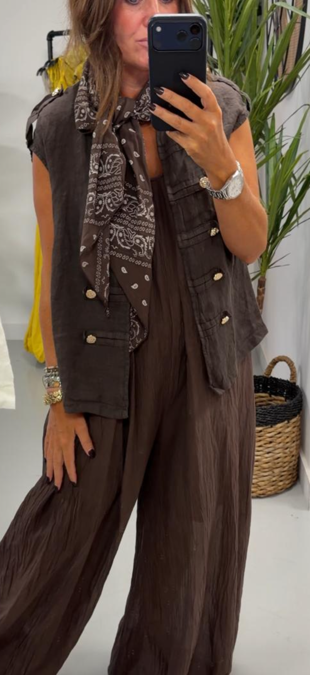 Linen Military Waistcoat - Chocolate
