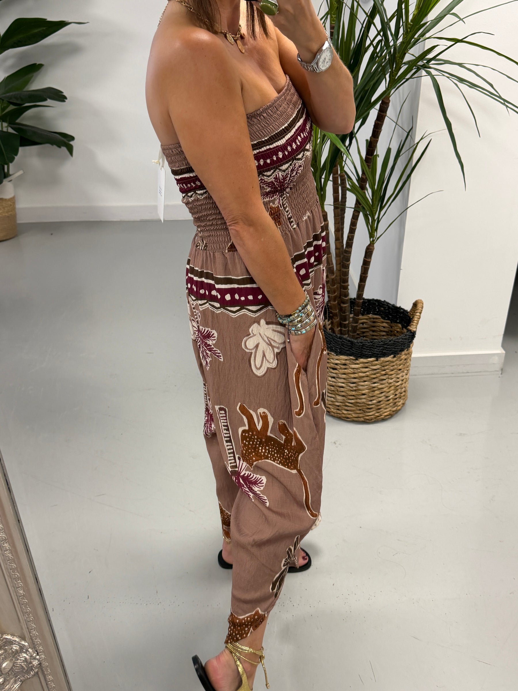 Funky Animal Bandeau Jumpsuit  - Taupe