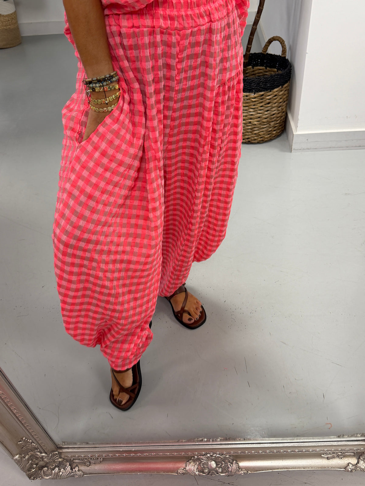 The Deluxe Gingham Barrel Trousers - Pink