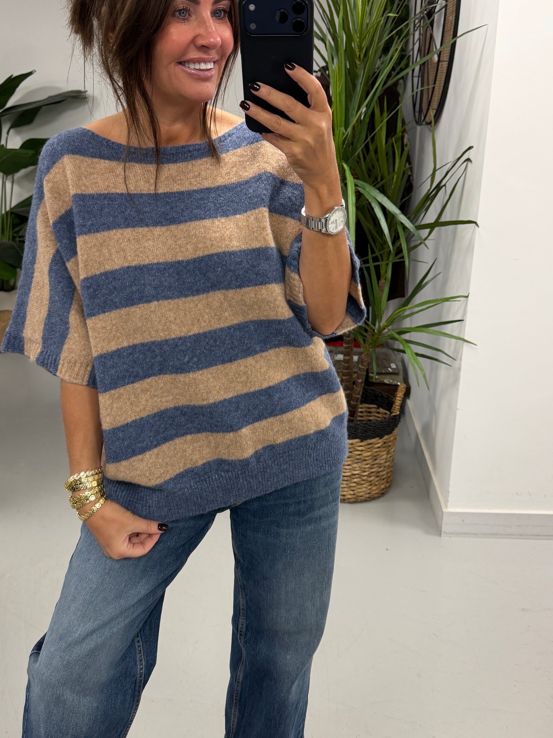 The Boat Neck Stripy Knit - Oatmeal/Denim Blue (Size 8-16)