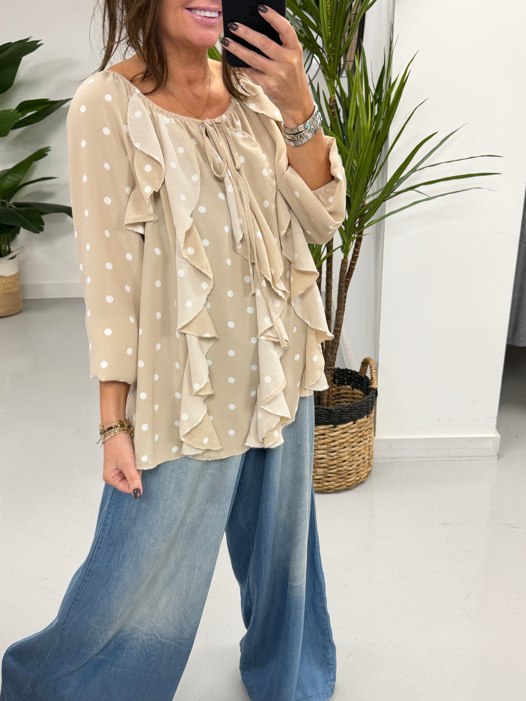 Dotty Waterfall Blouse - Stone