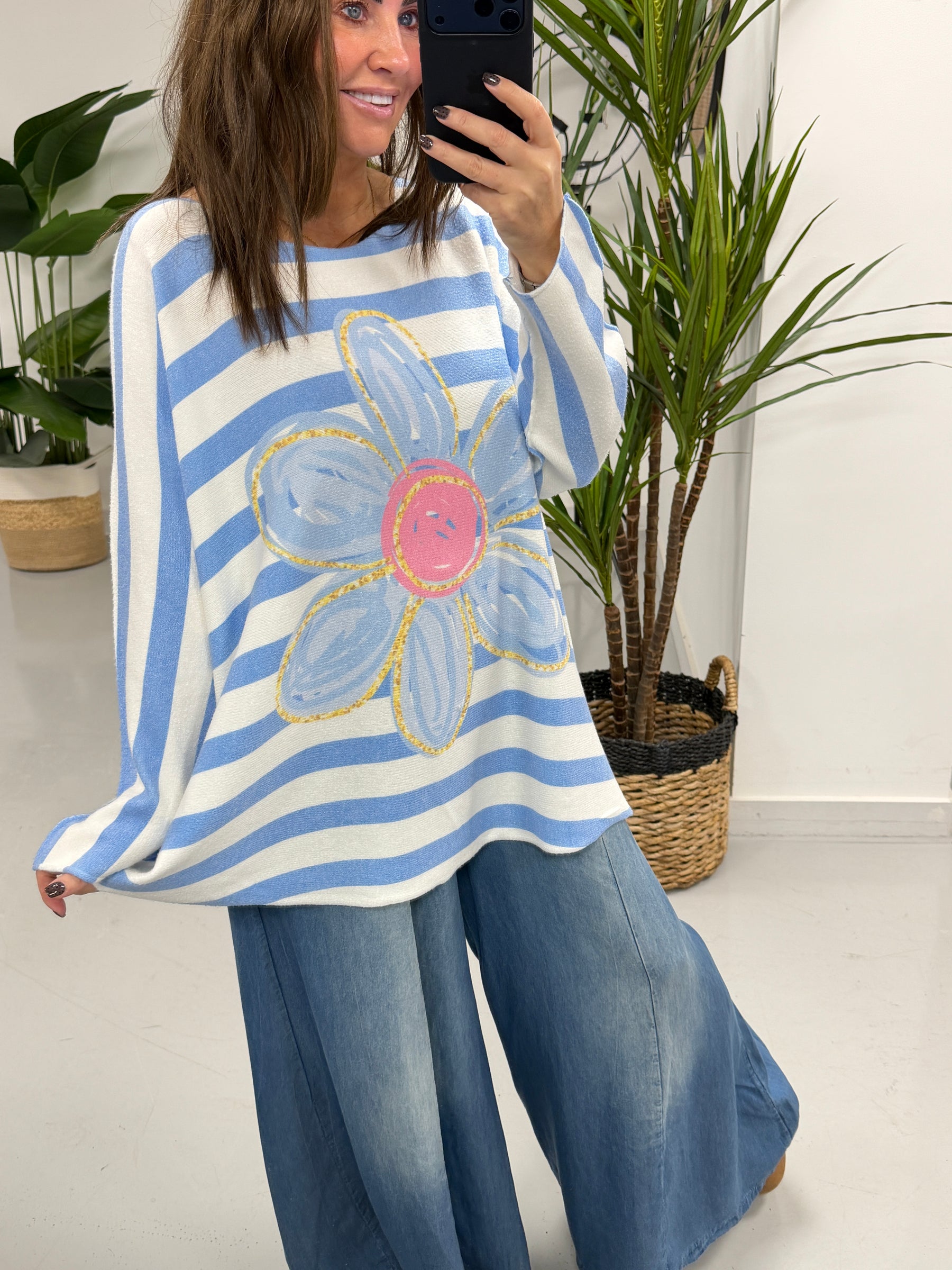 The Daisy/Stripe Soft Knit - Powder Blue
