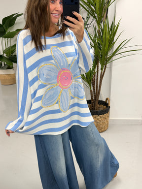 The Daisy/Stripe Soft Knit - Powder Blue