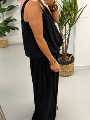 Crinkle Bubble Hem/Lace Cami - Black