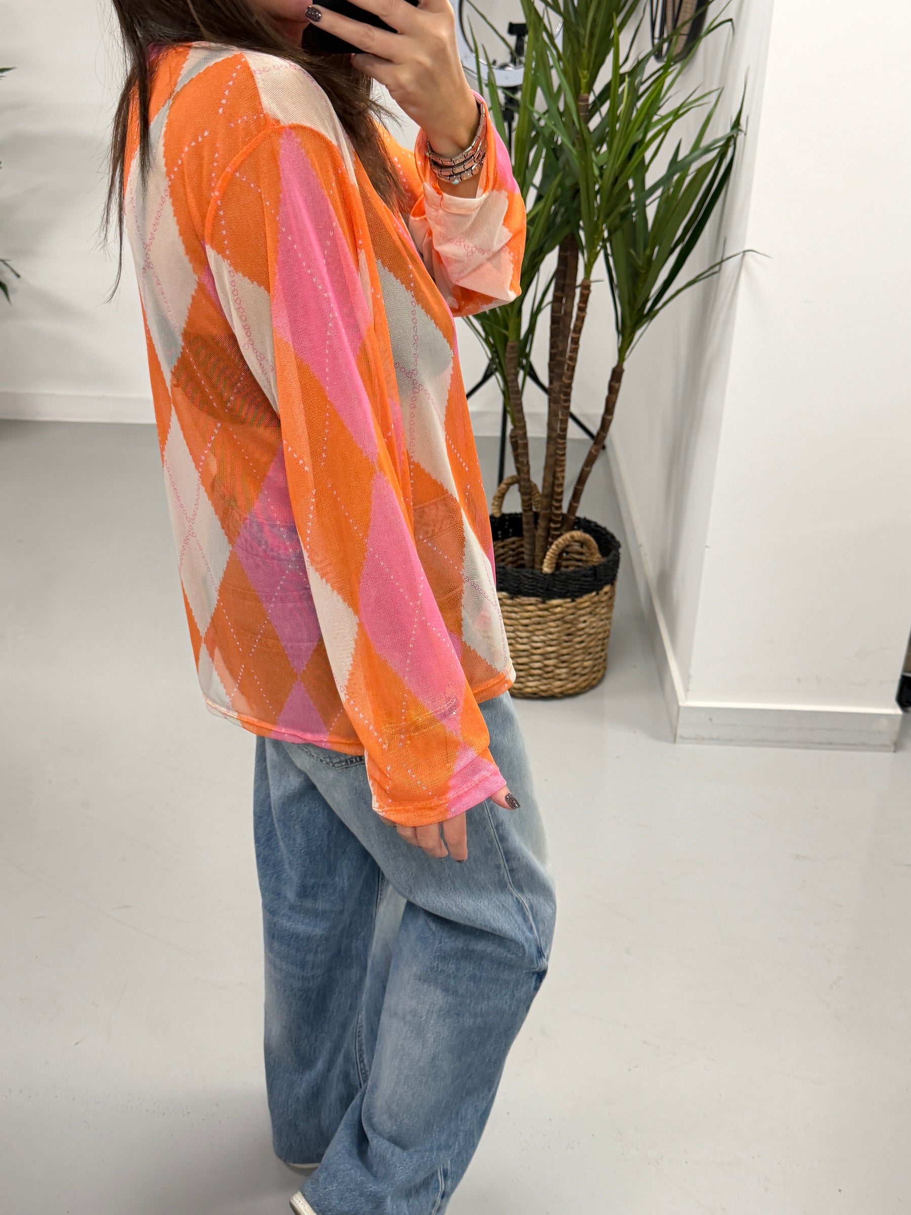 The Tartan Mesh Top - Bright Orange/Pink