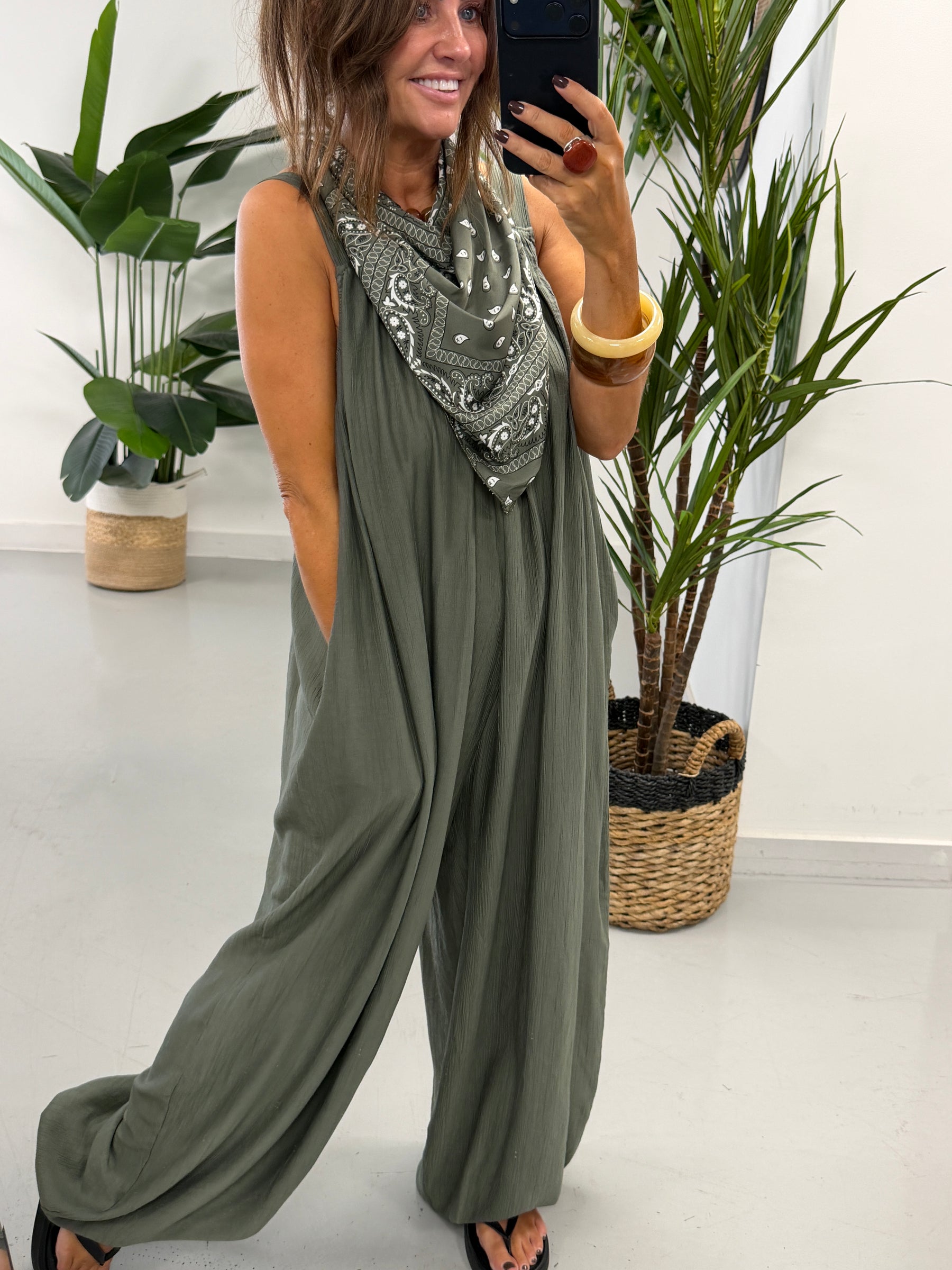 Bandana Scarf Crinkle Jumpsuit - Khaki