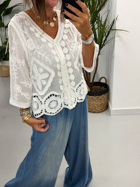 Sorrento Crochet Button Front  Cardigan - White