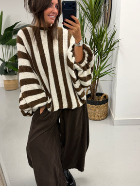 Zeta Otto Stripe Chunky Sleeve Knit - Chocolate (Size 10-18)