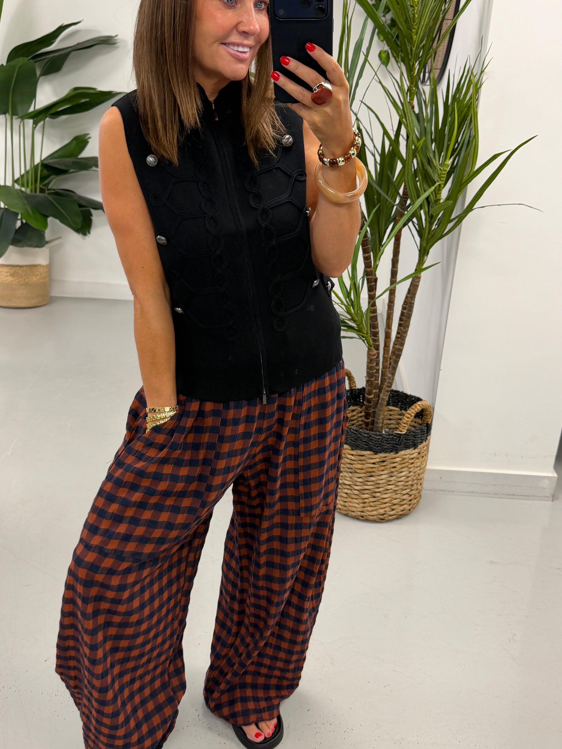The Autumn Check Baggy Barrel Trousers - Rust/Denim