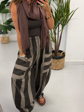 Bailey Wide Stripe Barrel Pants - Taupe/Dark Chocolate