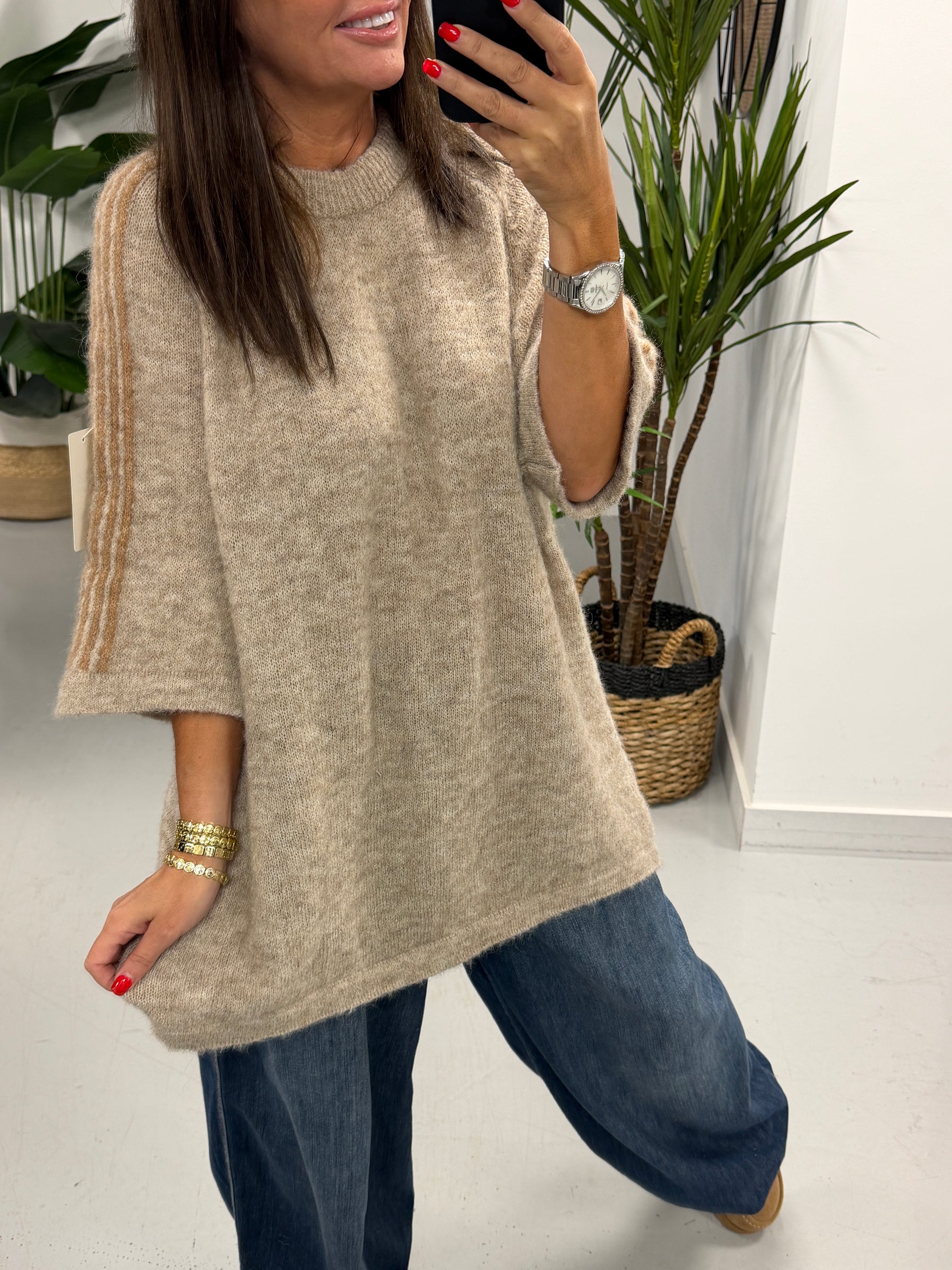 Stripe Long Line Knit  - Oatmeal/Camel