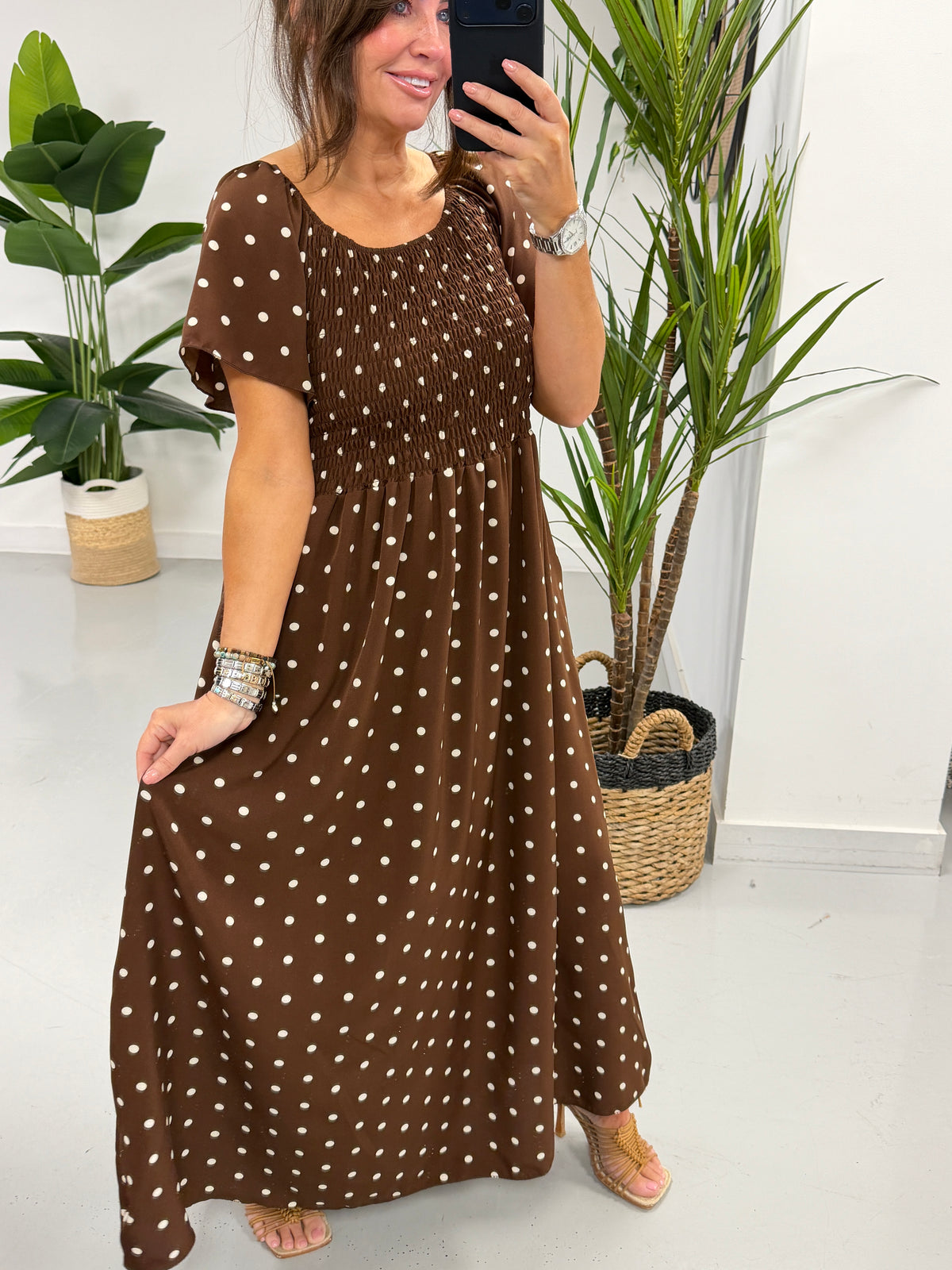 The Bardot Shirred Maxi - Chocolate Spot