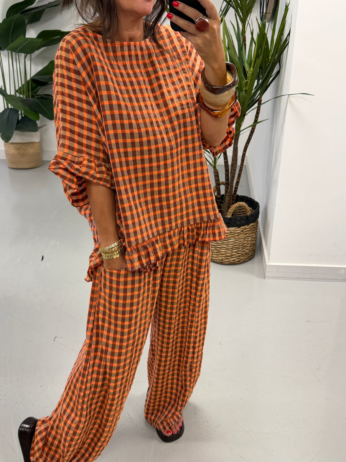 The Autumn Check Ruffle Tunic - Orange