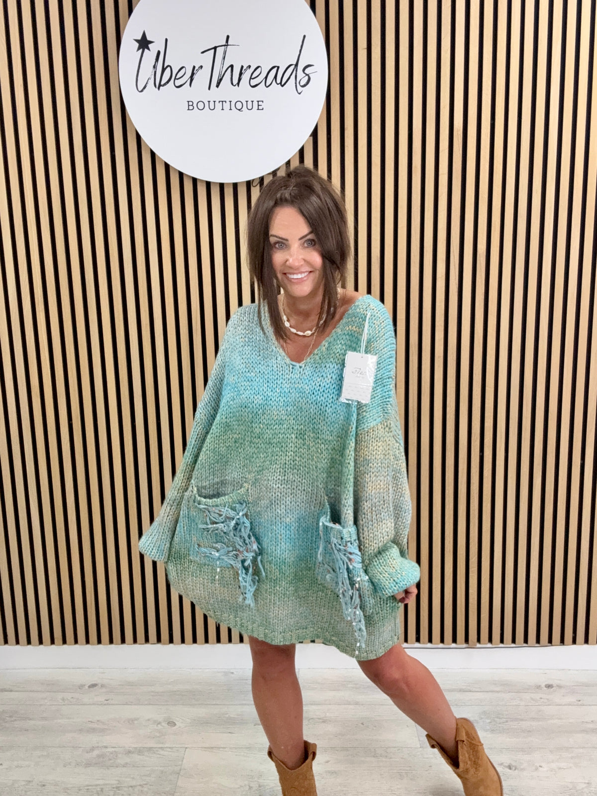 The Harlow Fringed Pocket Knit - Blue