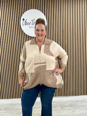 The Camello Zip Cardigan - Camel/Cream