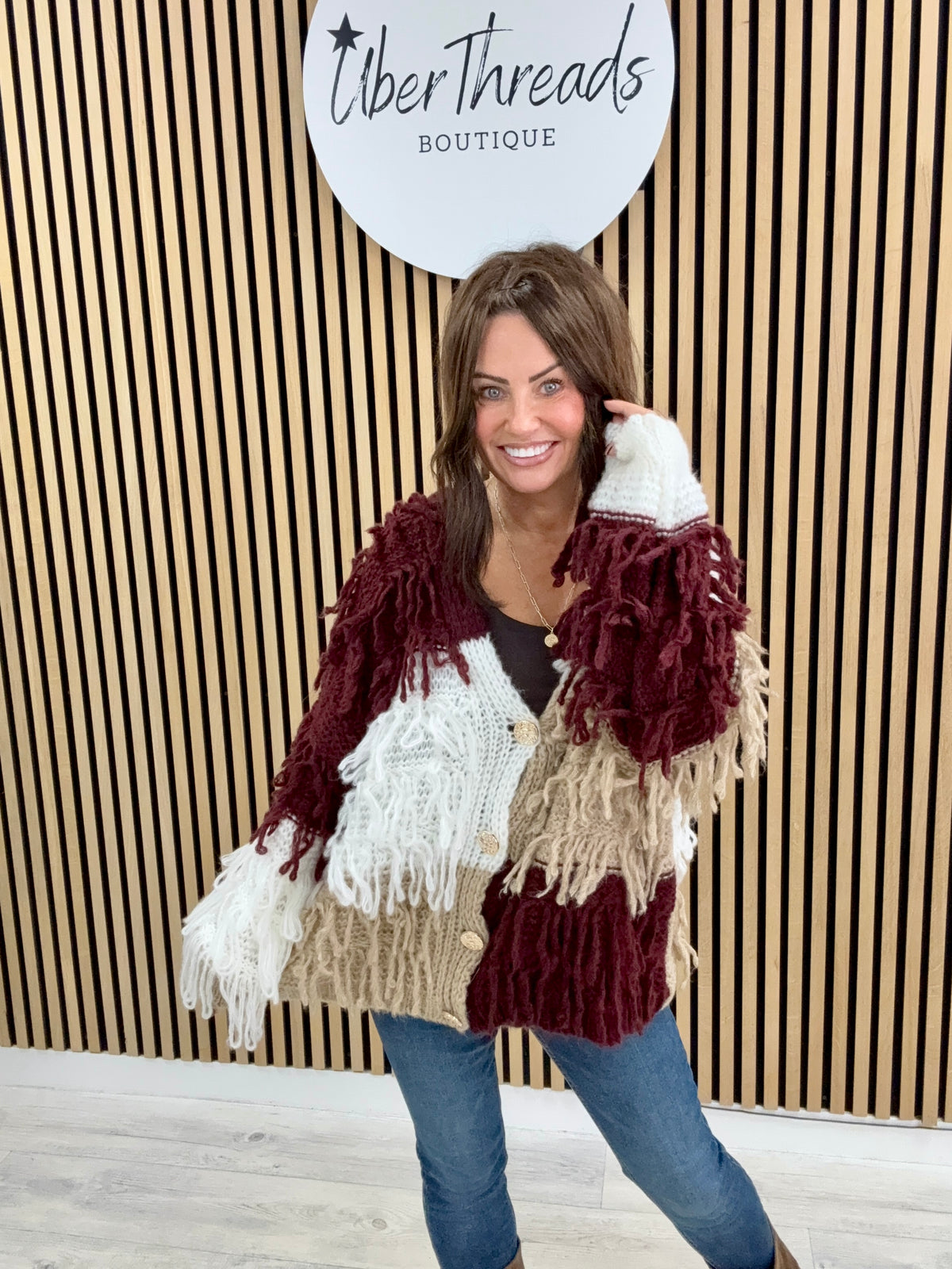 The Shaggy Cardigan - Mulberry/Camel/White