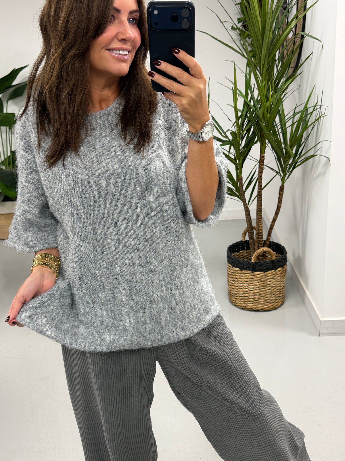 Sofia Soft Knit Crop Sleeve Knit Jumper - Grey (Size 10-16)