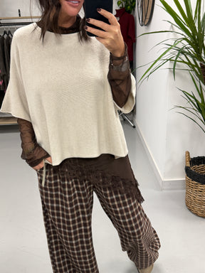 Asymmetrical lace trim lined Mesh Top - Chocolate