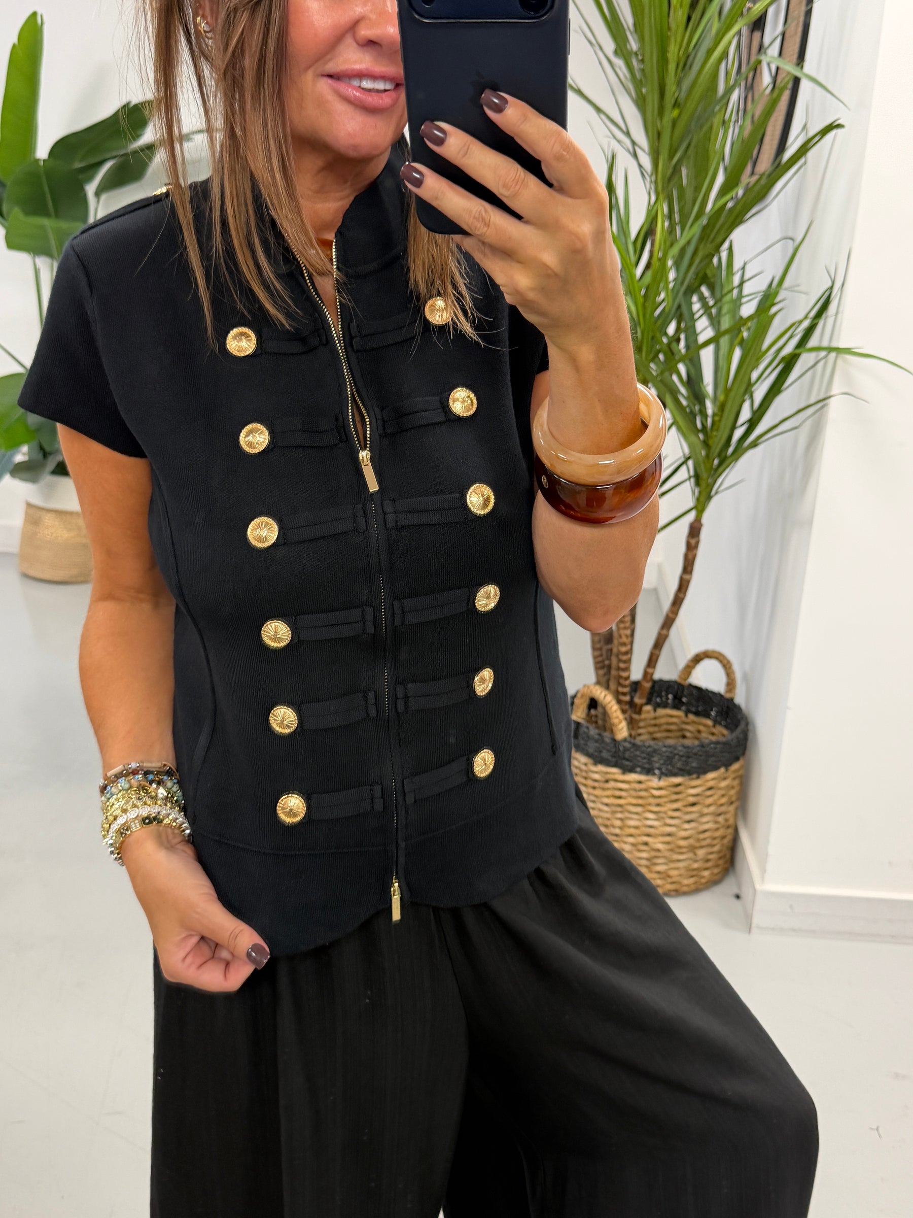 Capped Sleeve Military Waistcoat - Black