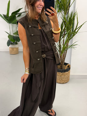 Denim Military Waistcoat - Chocolate