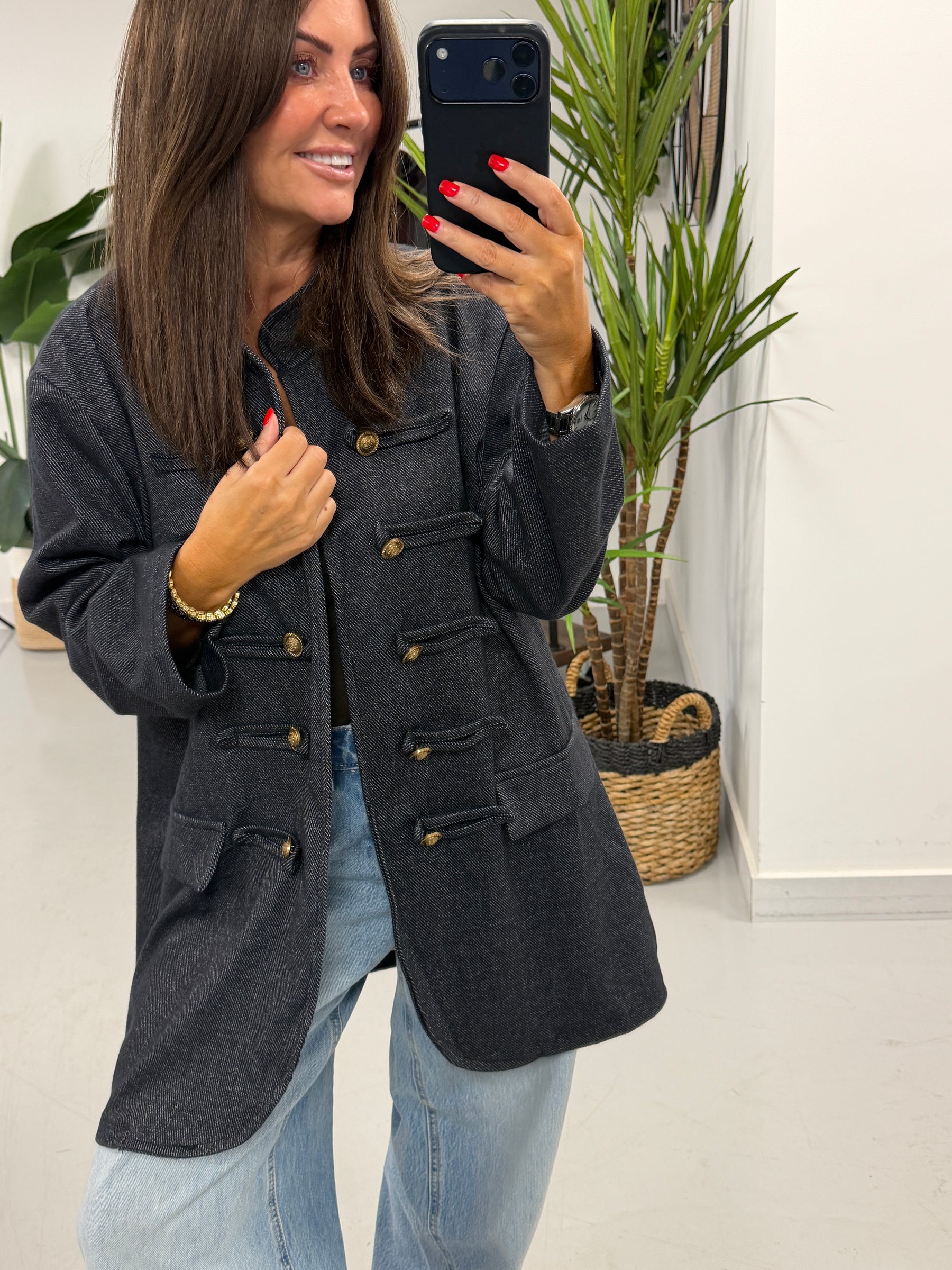 The Long Line Herringbone Style  Military Jacket - Denim Blue
