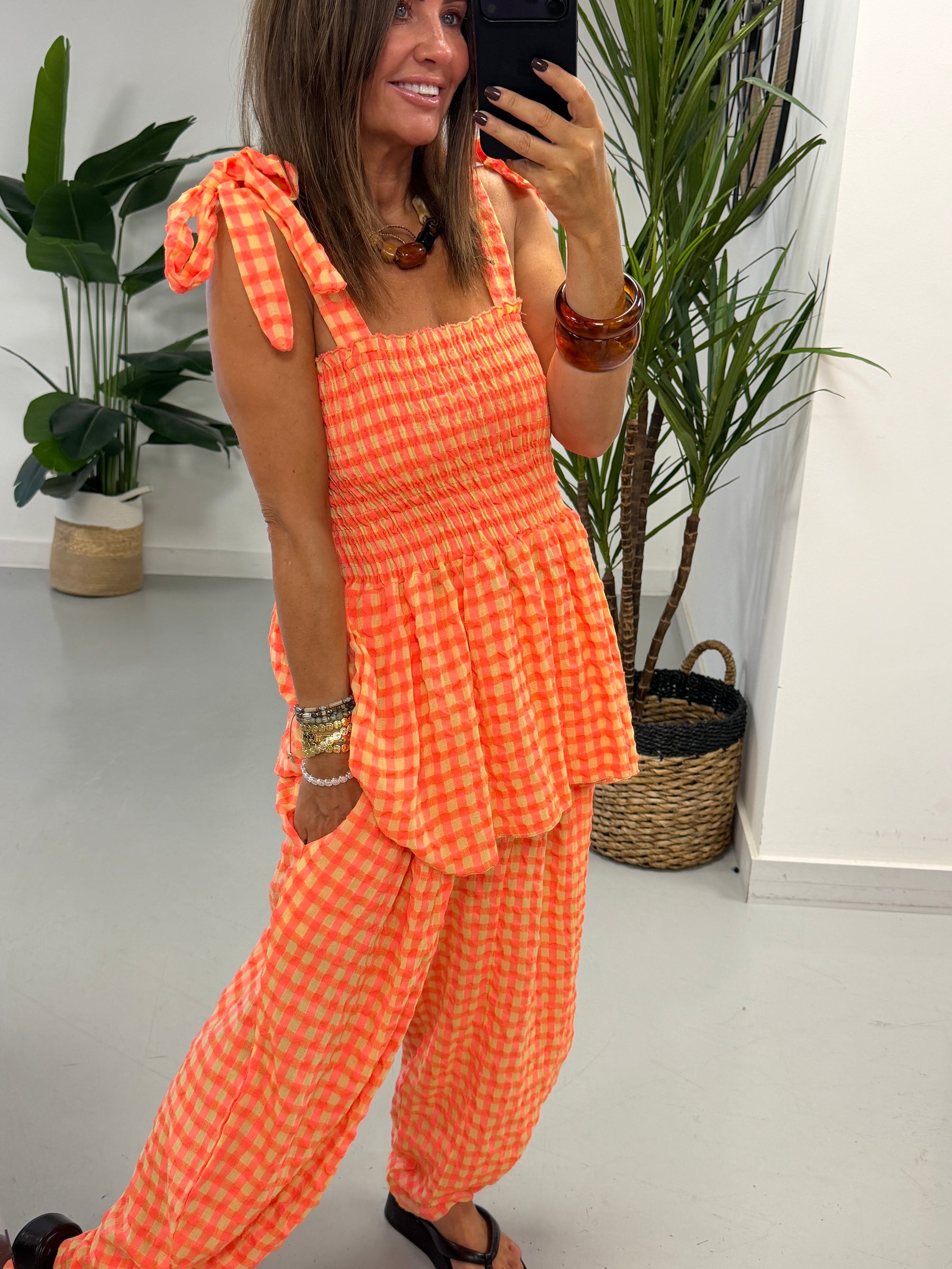 The Deluxe Gingham Peplum Top - Coral