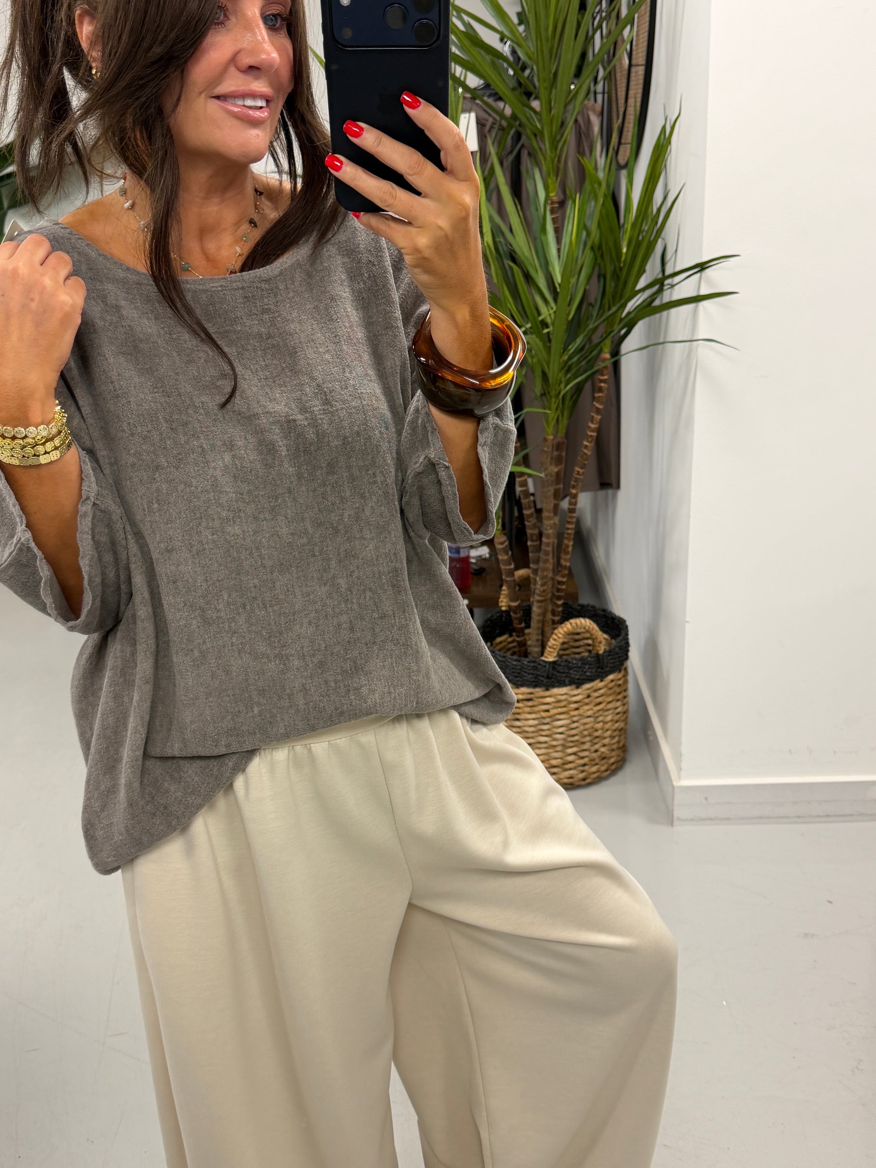 Linen Blend Boxy Top - Pebble