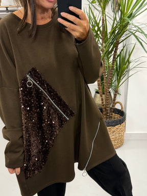 The Sequin Scuba Zip Top - Chocolate