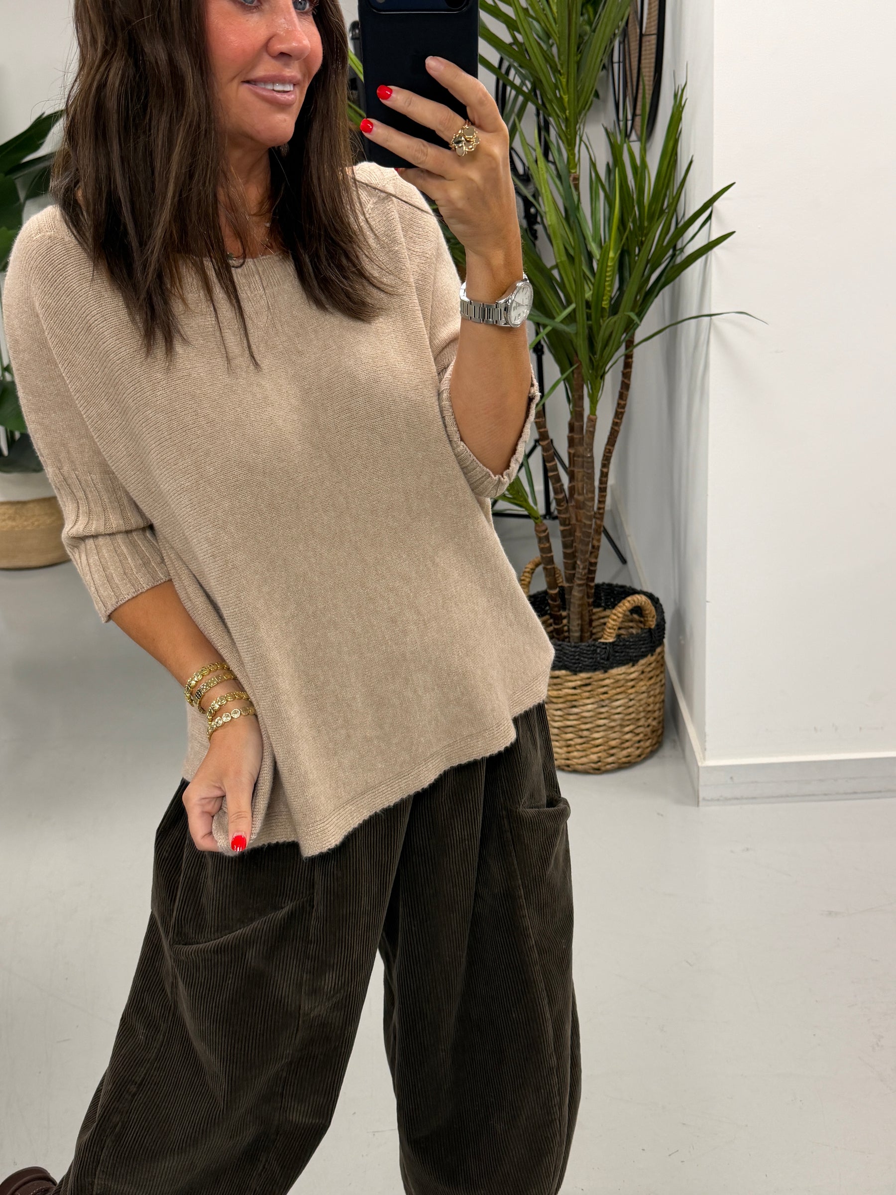 Crop Sleeve Boat Neck Knit - Oatmeal (Size 10 - 16)