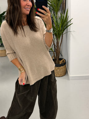 Crop Sleeve Boat Neck Knit - Oatmeal (Size 10 - 16)