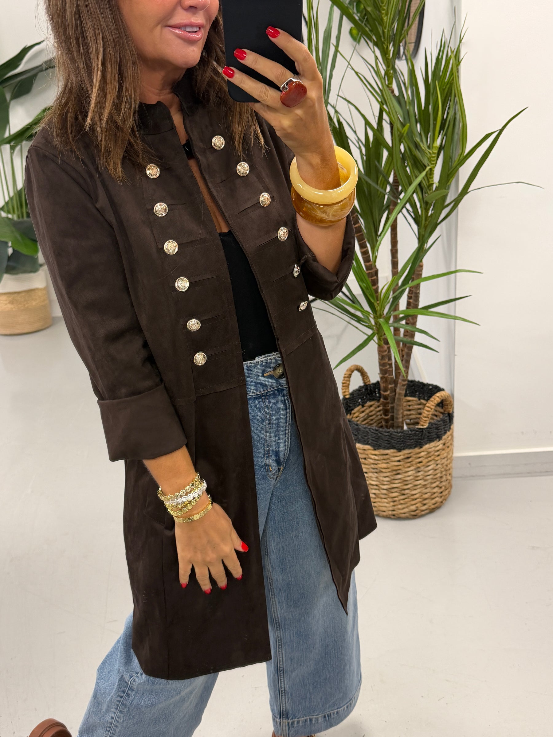 The Bronte Suedette Military Longline Jacket - Chocolate