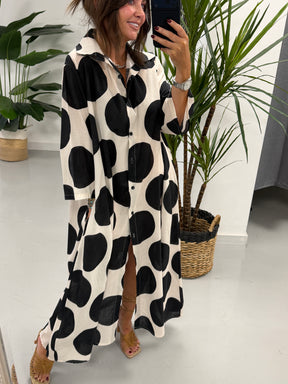 Polka Button Shirt Dress - Black / Cream