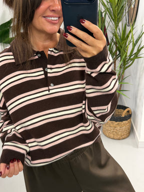 The Button Up Knit - Chocolate/Cream/Pink  (Size 10/12-14/16)