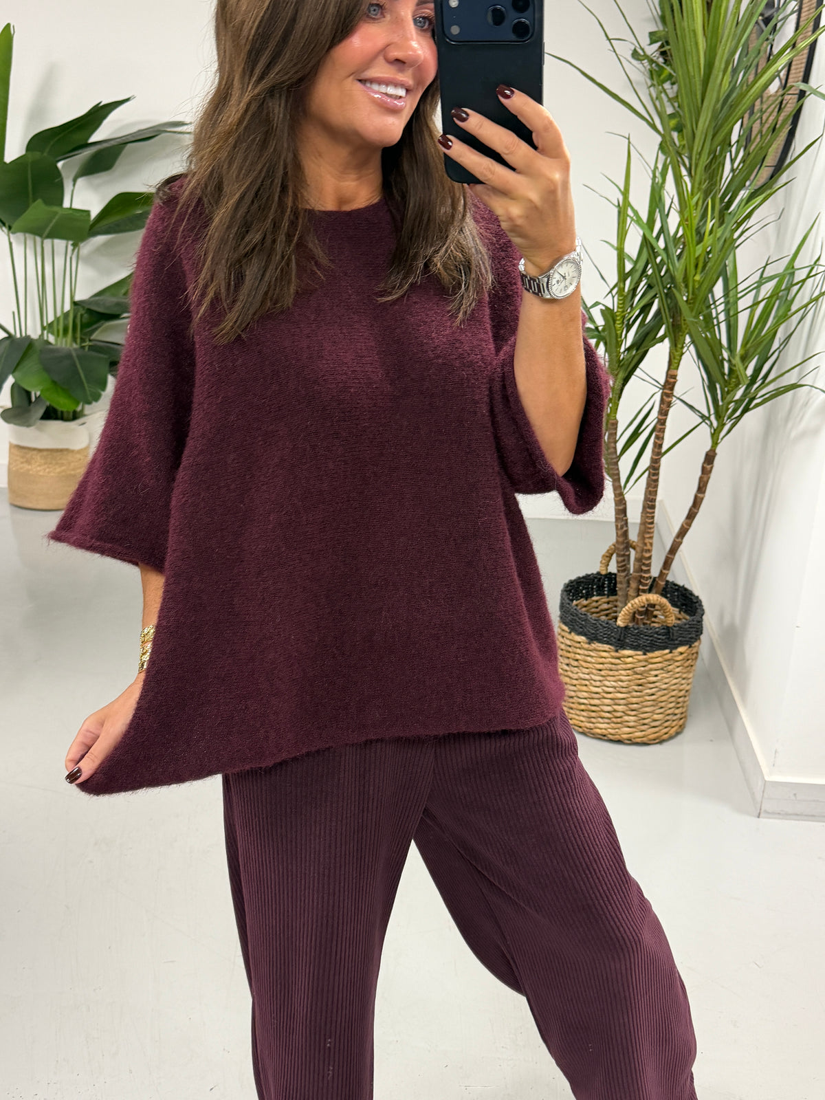 Sofia Soft Knit Crop Sleeve Knit Jumper - Aubergine (Size 10-16)