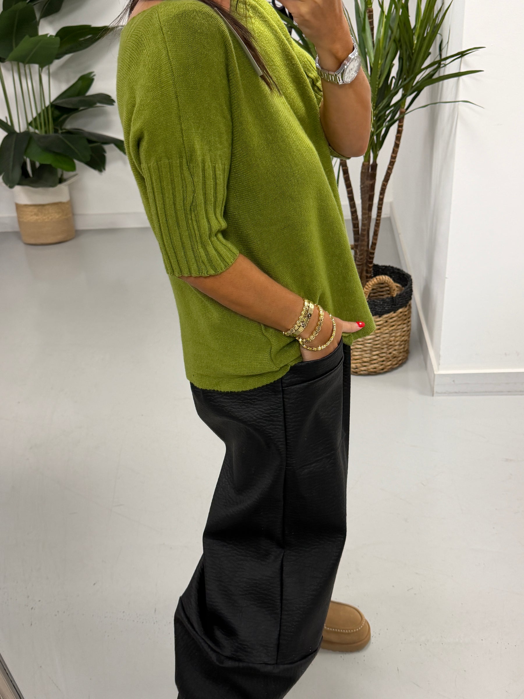 Crop Sleeve Boat Neck Knit - Pistacio