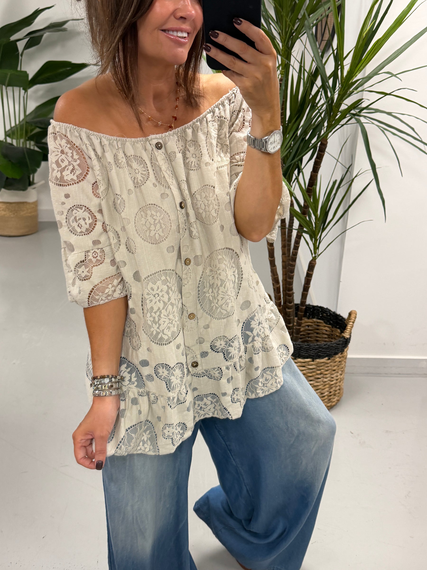 Lacey Button Bardot - Antique Cream