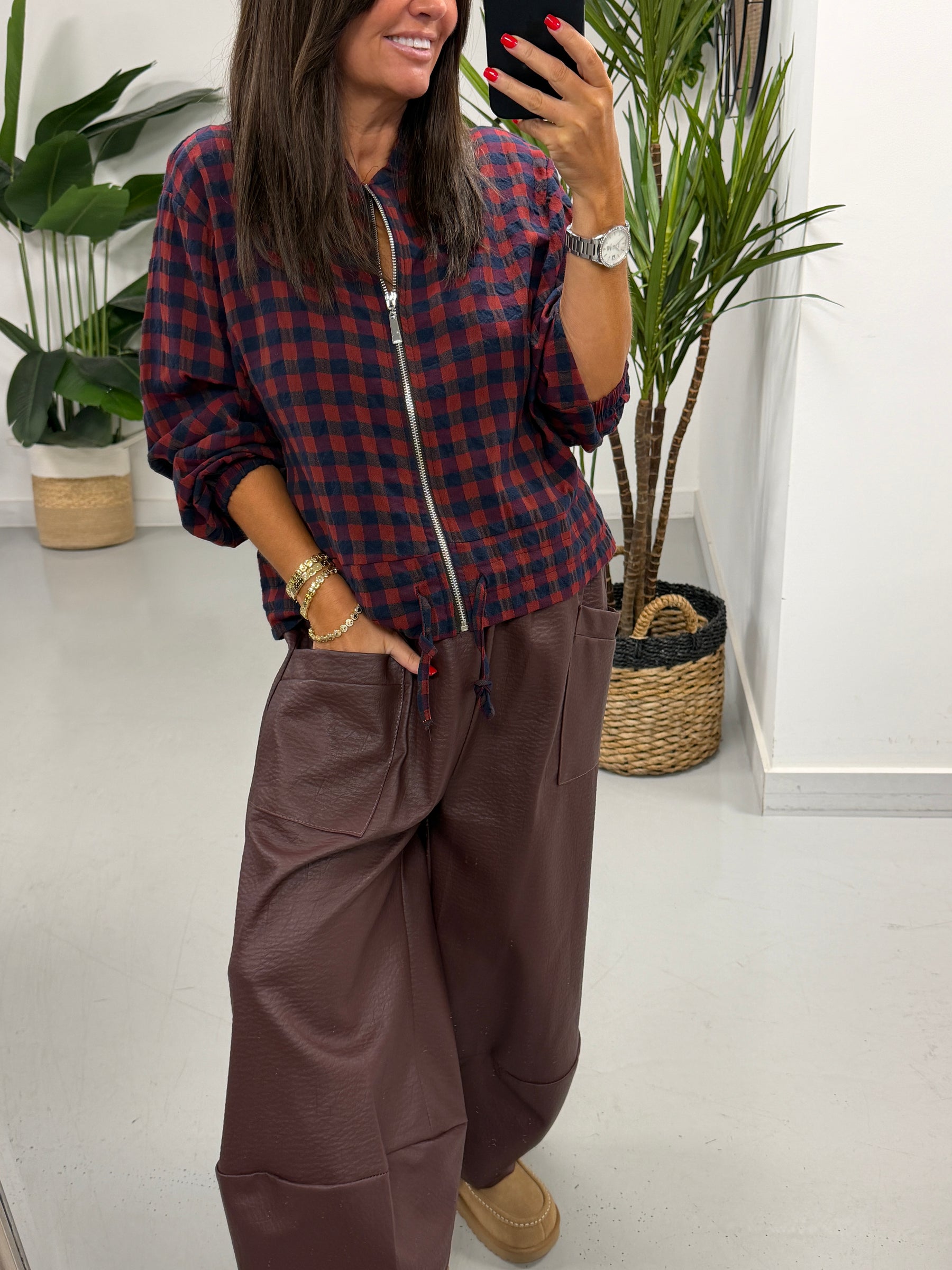 Autumn Check Bomber - Wine/Navy