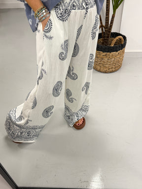 The Paisley Wide Leg Trouser - White/Navy