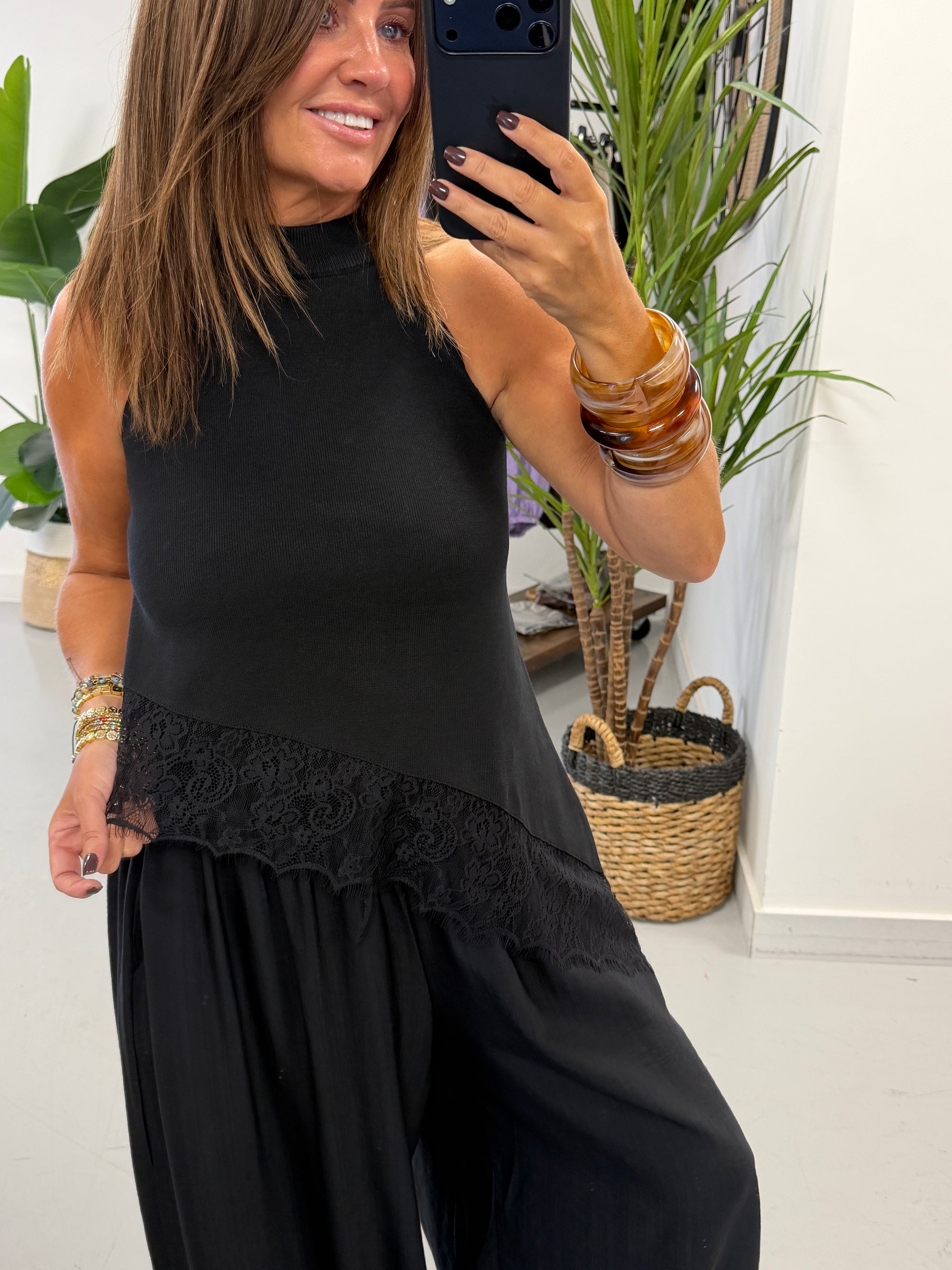 Knitted Asymmetric Lace Top  - Black