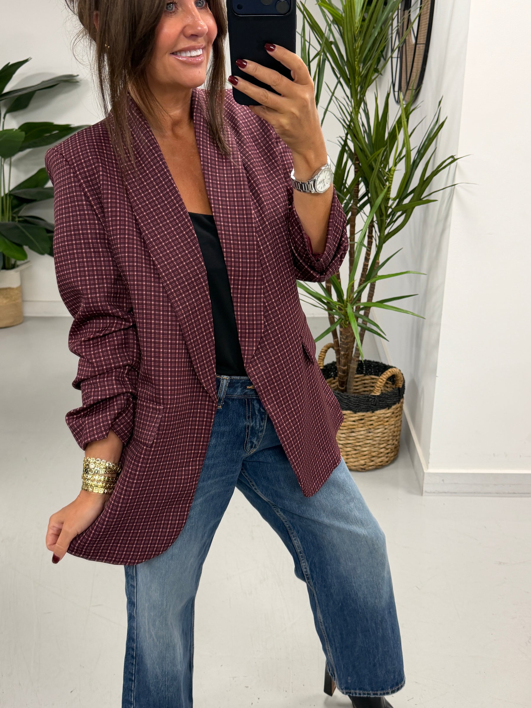 Ruched Sleeve Plaid Blazer - Wine  (Std sizes)