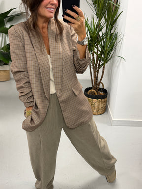 Plaid Ruched Sleeve Blazer - Taupe  (Plus sizes)